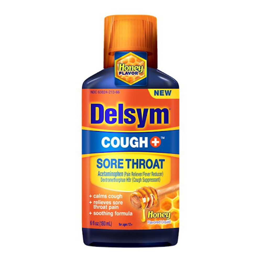 Delsym Cough Plus Sore Throat Honey Flavored Liquid, 6 Oz